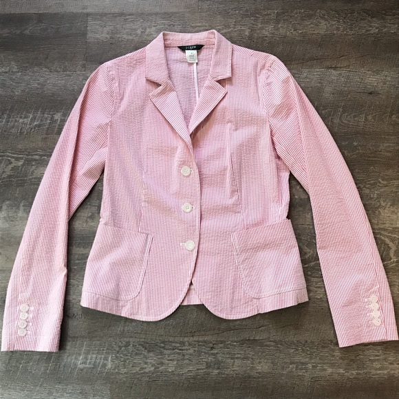 J. Crew Jackets & Blazers - J. Crew Pink and White Seersucker Blazer Size 8